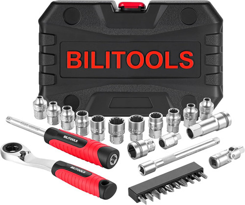 29PCS 1/4" Pass Through Socket Set, 3-In-1 Conversion for Standard Ratchet, Pass-Through Ratchet & Mini Screwdriver, Pass Thru Go Through Mechanics Tools Set For Hex, Square, E-Torx, Spline