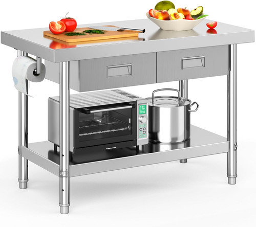 48" x 24" Stainless Steel Table with 2 Drawers, Work Table with Drawer, Metal Table Prep Table for Home Kitchen Restaurant Garage