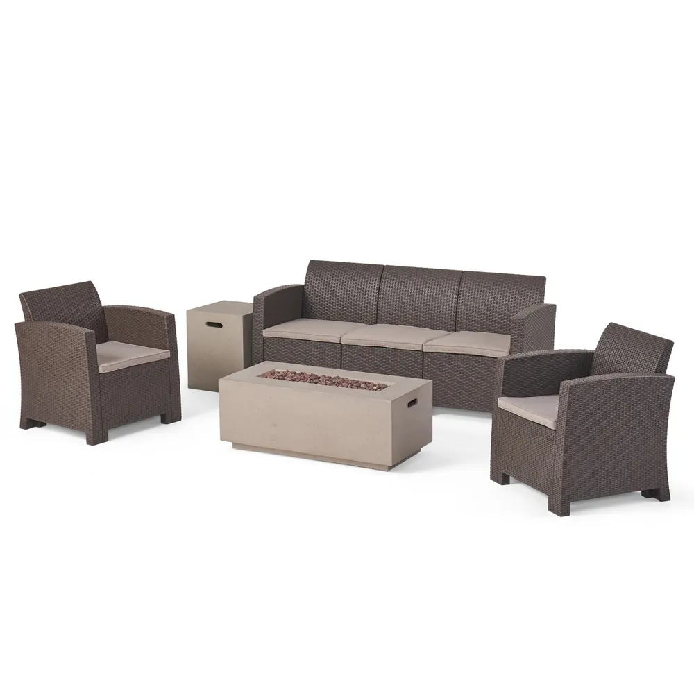 5pc Brown Outdoor Patio 5 Seater Chat Set with Fire Pit and Tank Holder 67.5″