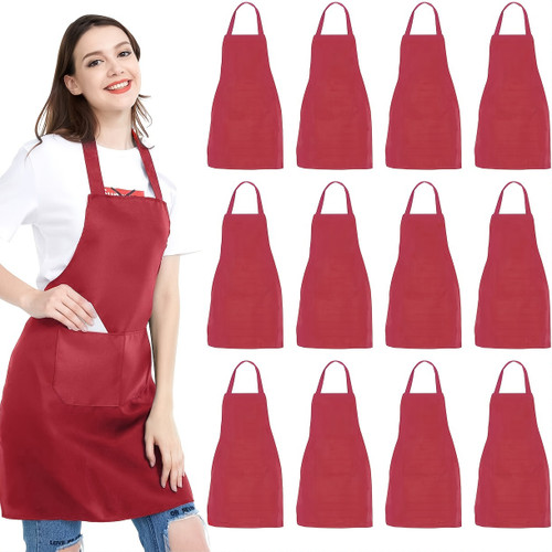 12 Pack Unisex Apron - Adjustable Waterdrop Resistant Apron with 2 Pockets for Chef, BBQ, Drawing - Cooking Kitchen Apron Bulk Red 12pcs