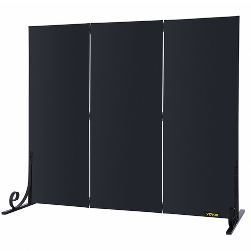 Fireplace Screen, 38.8 x 32.7 Inch, 3-Panel Iron Freestanding Spark Guard with Support, Metal Craft, Broom Tong Shovel Poker Included, for Fireplace Decoration & Protection, Black