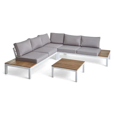 4-Piece Light Gray Aluminum and Wood Outdoor Furniture Patio Sofa Set – White Cushions