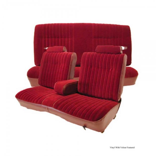 Malibu Seat Cover, Front Straight Bench With 50/50 Split Back, Center Arm Rest, Head Rests & Rear Bench, Vinyl With Leather, 1981-1983