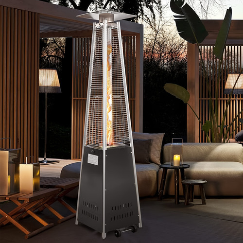 Pyramid Patio Heater Outdoor, 42, 000 BTU Wind-Resistance Quartz Glass Tube Flame Heater With Wheels Propane, Black Iron Coated Burner