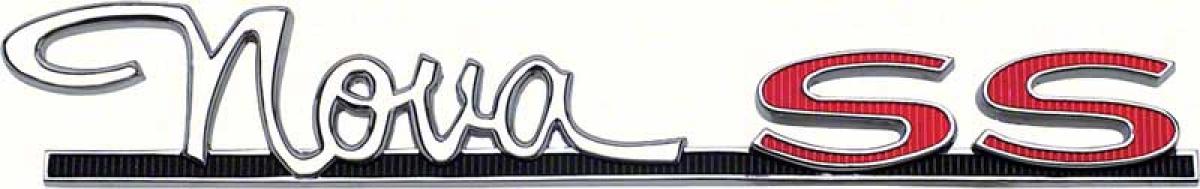 1963 Chevrolet, "Nova SS" Quarter Panel Emblem, with Red SS Lettering, with Hardware, GM Licensed