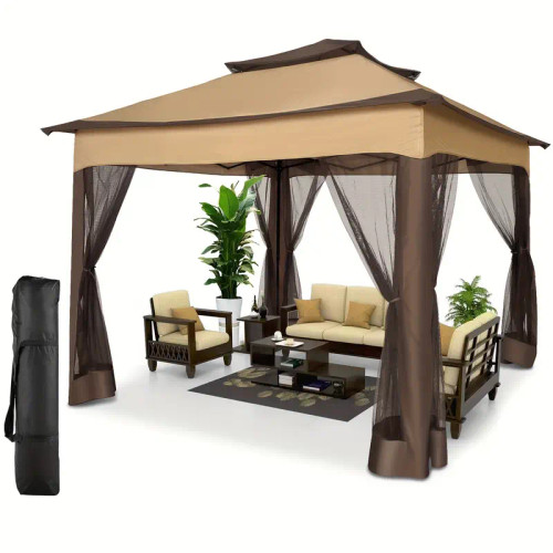 10x10 Pop Up Gazebo with Mosquito Nettings, Waterproof Outdoor Gazebo, with Sidewalls Patio Gazebo Tent for Backyard, Garden, Lawn, Parties with Vented Roof and Carry Bag Coffee + dark brown