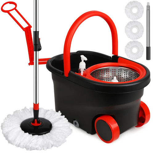 Mop Bucket with Wringer Set, Plus Size 360° Mop Bucket Floor Cleaning System with 3 Microfiber Replacement Mop Head Refills, 61" Adjustable Stainless Steel Handle, 2X Wheel for Home Cleaning