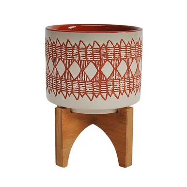 6″ Orange Ceramic Aztec Decorative Planter with Stand