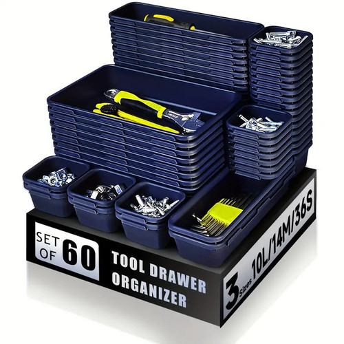 60pcs Set Plastic Tool Drawer Organizer Trays With 36 Compartments, Stackable Storage For Tools & Parts, Versatile Design Blue