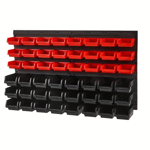 48-Bin Wall-Mounted Storage Rack in Red & Black - Durable Plastic Organizer for Garage & Workshop - Ideal for Screws, Nuts, Bolts, Beads & Small Tools with Labels Color: Red & Black