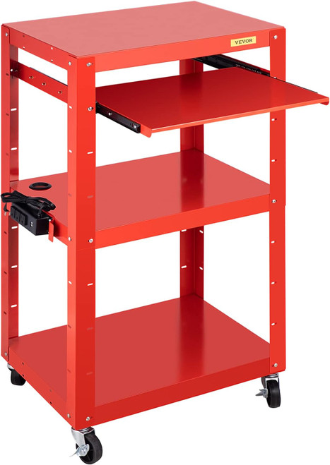 Steel AV Cart, 27-41" Height Adjustable Media Cart with 19" x 14" Retracting Keyboard Tray, 24" x 18" Presentation Cart with 3 Shelves, 150 lbs Weight Capacity, Red