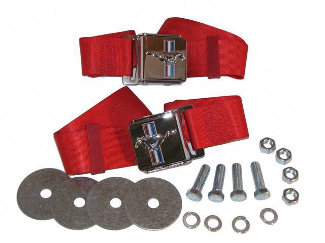 Seat Belt Set, Classic Look with Tri-Bar Running Horse Buckle Emblem, Bright Red