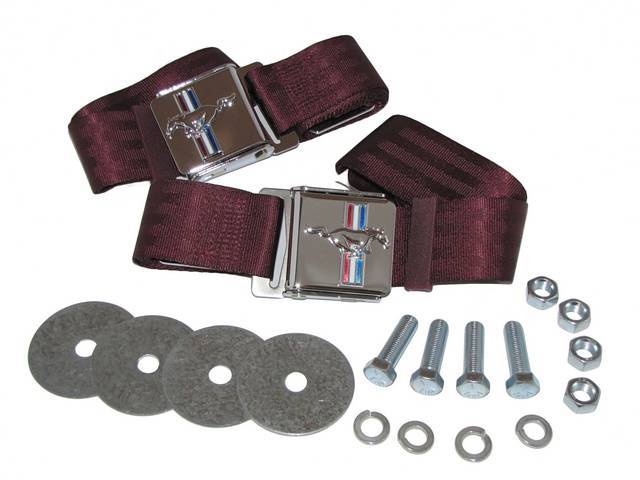 Seat Belt Set, Classic Look with Tri-Bar Running Horse Buckle Emblem, Maroon