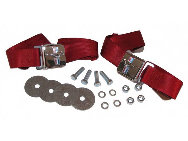 Seat Belt Set, Classic Look with Tri-Bar Running Horse Buckle Emblem, Dark Red