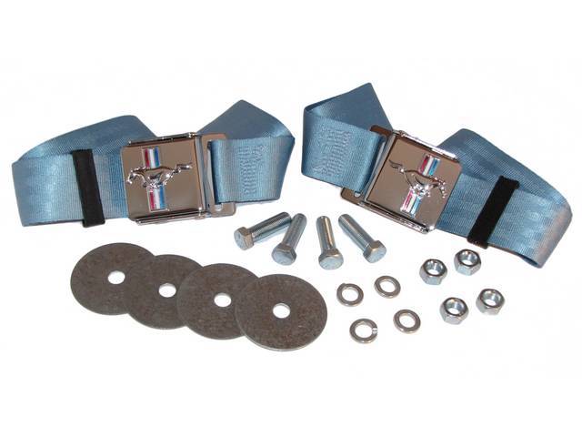 Seat Belt Set, Classic Look with Tri-Bar Running Horse Buckle Emblem, Light Blue