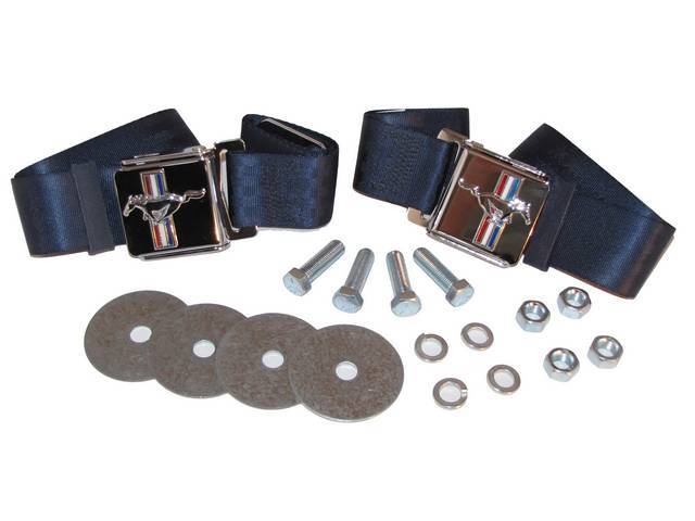 Seat Belt Set, Classic Look with Tri-Bar Running Horse Buckle Emblem, Dark Blue