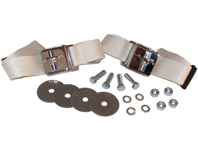 Seat Belt Set, Classic Look with Tri-Bar Running Horse Buckle Emblem, White