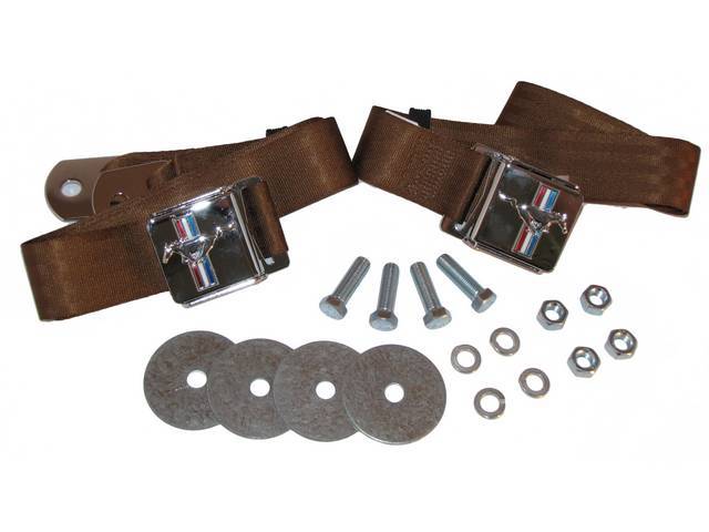 Seat Belt Set, Classic Look with Tri-Bar Running Horse Buckle Emblem, Saddle