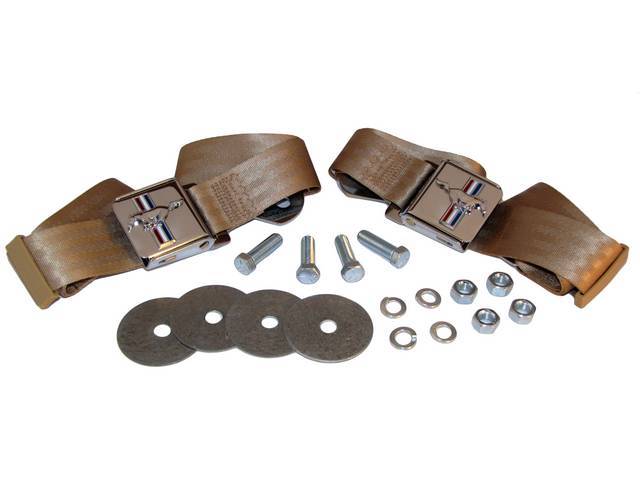 Seat Belt Set, Classic Look with Tri-Bar Running Horse Buckle Emblem, Parchment