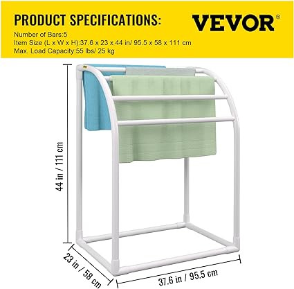 Pool Towel Rack, 5 Bar, White, Freestanding Outdoor PVC T-Shape Poolside Storage Organizer, Include 8 Towel Clips, Mesh Bag, Hook, Also Stores Floats and Paddles, for Beach, Swimming Pool, Home