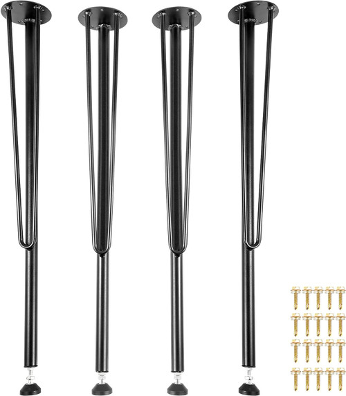 Hairpin Metal Table Legs 28 Inch Desk Legs Set of 4 Heavy Duty Bench Legs 3-Rod Metal Furniture Legs Wrought Iron Coffee Table Legs Home DIY for Dining Table w/ Rubber Floor Protectors Black