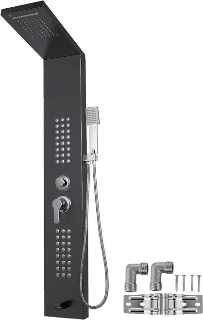 Shower Panel Tower System Stainless Steel Multi-Function Shower Panel with Spout Rainfall Waterfall Massage Jets Tub Spout Hand Shower for Home Hotel Resort Split Type Black (Split, Black)