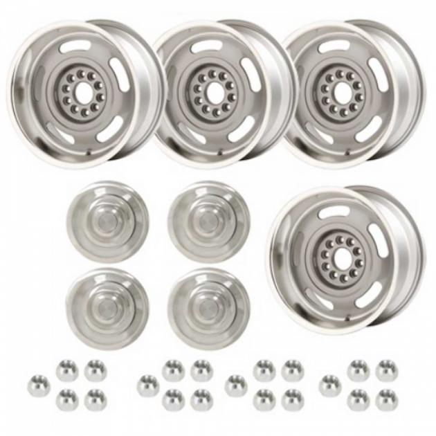 Rally Wheel Kit, 1-Piece Cast Aluminum WithPlain Flat (No Lettering)Center Caps, Staggered 17x8 And 17x9