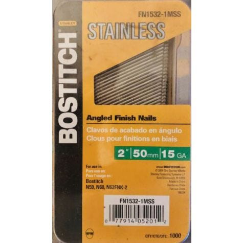 BOSTITCH 2" x 15-Gauge Stainless Steel Angled Diamond Finish Nail (1M) (5 Pcs)