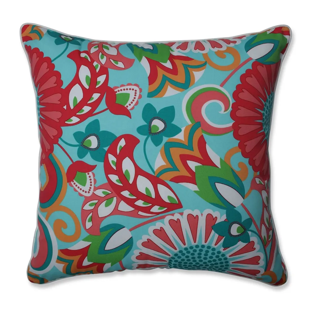 Suzani Florals UV-Resistant Outdoor Patio Floor Pillow – 25″ – Aqua and Coral