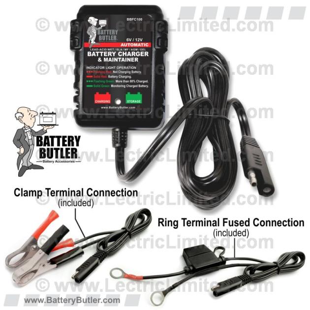 Lectric Limited 1935-2012 American Motors / Chrysler / DeSoto / Dodge / Plymouth / Ford / Mercury / Buick / Cadillac / Chevrolet / GMC / Oldsmobile / Pontiac / Jeep / Studebaker / Volkswagen Battery Butler – Battery Storage Charger: 6/12 Volt BBFC100