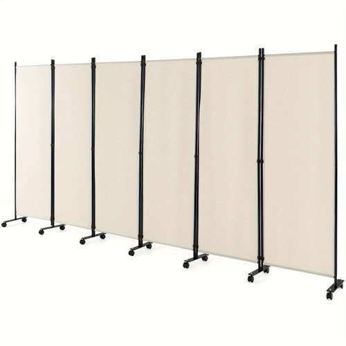 Modern 6ft White Polyester 6-Panel Folding Room Divider - Lockable Wheels, Mobile, Contemporary Decor, Durable, Foldable - for Home or Office Use, Rolling Privacy Screen