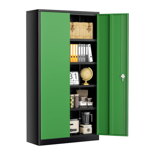 71 Tall Heavy-Duty Metal Storage Cabinet - Locking Doors, 4 Adjustable Shelves, Ideal for Home, Office, Garage Organization Black & Green