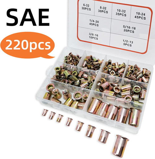 SAE Rivet Nut Kit, 220PCS Rivet Nuts Assortment Kit, Rivnut Kit, Nutsert Kit, Rivnuts Nutserts Kit, Flat Head 6-32 8-32 10-32 10-24 1/4-20 3/8-16 5/16-18 1/2-13