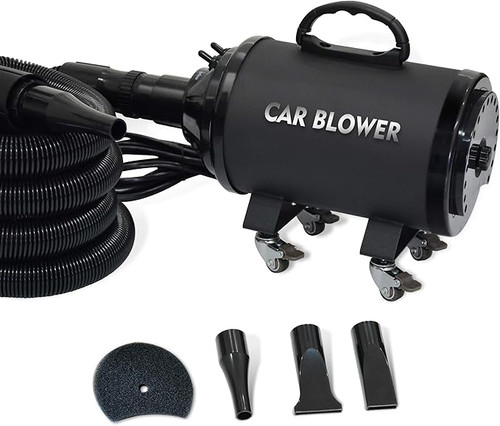 Powerful Motorcycle & Car Dryer with 14 Foot Flexible Hose & Wheels - for Auto Detailing and dusting,black