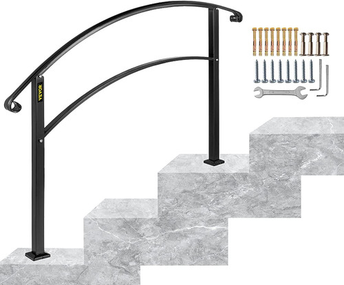 Handrails for Outdoor Steps, Fit 1 or 2 Steps Outdoor Stair Railing, Arch#1 Wrought Iron Handrail, Flexible Porch Railing, Black Transitional Handrails for Concrete Steps or Wooden Stairs