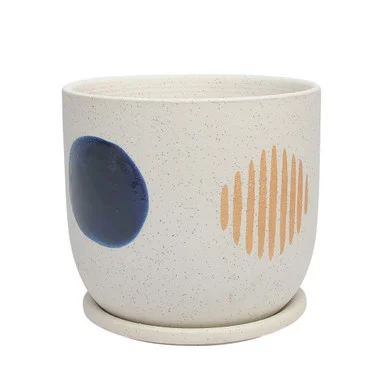 8″ White and Blue Abstract Ceramic Planter with Saucer