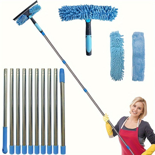 1 Set, 2in 1 Window Cleaning Brush And Scraper Set with Telescopic Pole, Reusable Hardness Brush, High Reach Outdoor And Glass Cleaning Tools, Contains Multiple Parts And Machine Washable Flannel Cloth, Christmas Gift, Halloween Gift, Blue Color