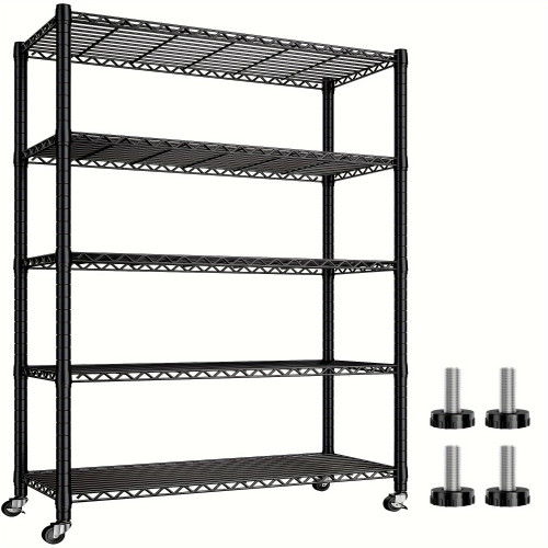 5-Tier Heavy-Duty Metal Shelving Unit with Wheels, 76"H x 36"W x 16"D, Adjustable Storage Rack for Garage or Workshop, Supports Up to 2100LBS, Durable Steel Construction, Black Finish