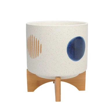 9″ White and Blue Abstract Ceramic Planter with Stand