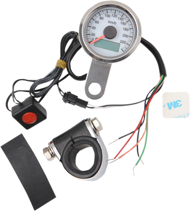 DRAG SPECIALTIES 1.87" KM/H Programmable Mini Electronic Speedometer with Odometer/Tripmeter - Polished - White Face 21-6899AWDS
