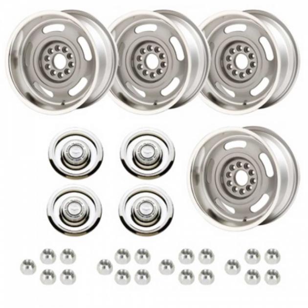 Late Great Chevy - Rally Wheel Kit, 1-Piece Cast Aluminum WithFlat Disc Brake Style Center Caps, Staggered 17x8 And 17x9