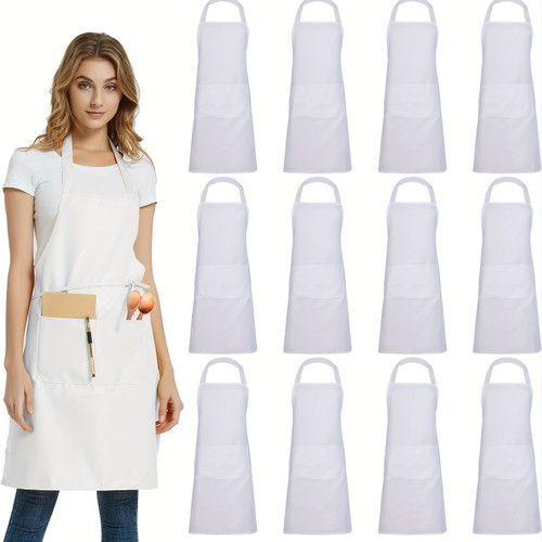 12 Pack Unisex Apron - Adjustable Waterdrop Resistant Apron with 2 Pockets for Chef, BBQ, Drawing - Cooking Kitchen Apron Bulk White 12pcs