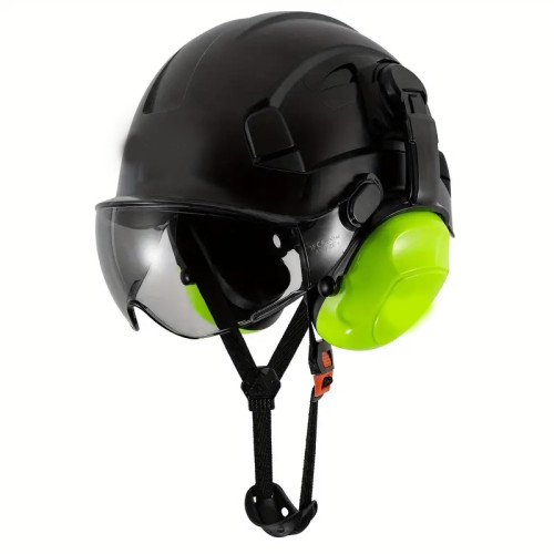 Construction Work Safety Helmet With Goggles And Noise-reducing Industrial Protective Soundproof Earmuffs Hard Hat, (hard Hat+earmuffs+goggles) Set Or (hard Hat+earmuffs) Set Black color with D suit