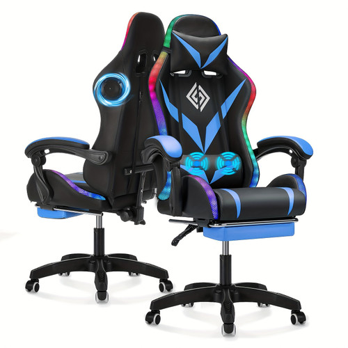 Gaming Chair with Speakers and Massage Big and Tall Video Game Chair for 450lbs with Footrest Reclining High Back Computer Desk Chair with RGB Led Light, Blue + Black Color
