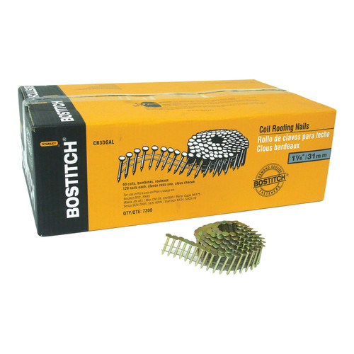 BOSTITCH 7,200-qty. 1-1/4" Smooth Shank 15 Degree Coil Roofing Nails