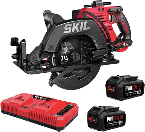 SKIL 2x20V PWR CORE 20 Brushless 7-1/4" Rear Handle Circular Saw Kit Includes Two 5.0Ah Batteries and Dual Port Auto PWR Jump Charger-CR5429B-20, Red