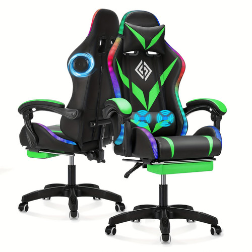 Gaming Chair with Speakers and Massage Big and Tall Video Game Chair for 450lbs with Footrest Reclining High Back Computer Desk Chair with RGB Led Light, Green + Black Color