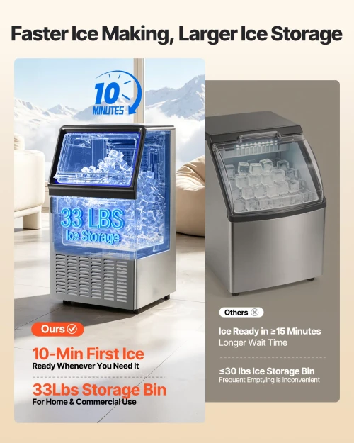 Commercial Ice Maker Machine, 120Lbs/24H with 33Lbs Storage, 45 Cubes per Cycle, Stainless Steel Freestanding & Under Counter Ice Maker with LED Display & Self-Cleaning, for Home Bar Restaurant