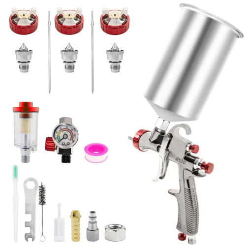 Spray Gun Kit R500 Airbrush with 1.3mm/1.7mm/2.0mm Nozzles, 33.82oz Aluminum Pot, Red Precision Pressure Gauge and Oil-Water Separator, Aluminum Car Painting Tool Set for Multi-Angle Coating, No Charging Operation