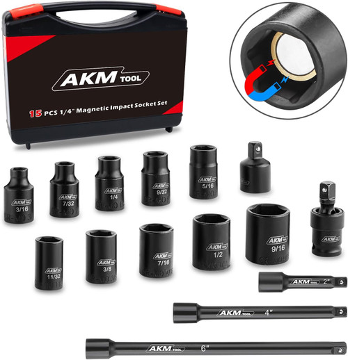 1/4 Inch Drive Magnetic Impact Socket Set, 15-Piece SAE, 1/4 Inch-9/16 Inch, 6 Point, Cr-Mo, Square Drive, Magnetic Socket with Impact Socket Adapter, Universal Joint & Extension